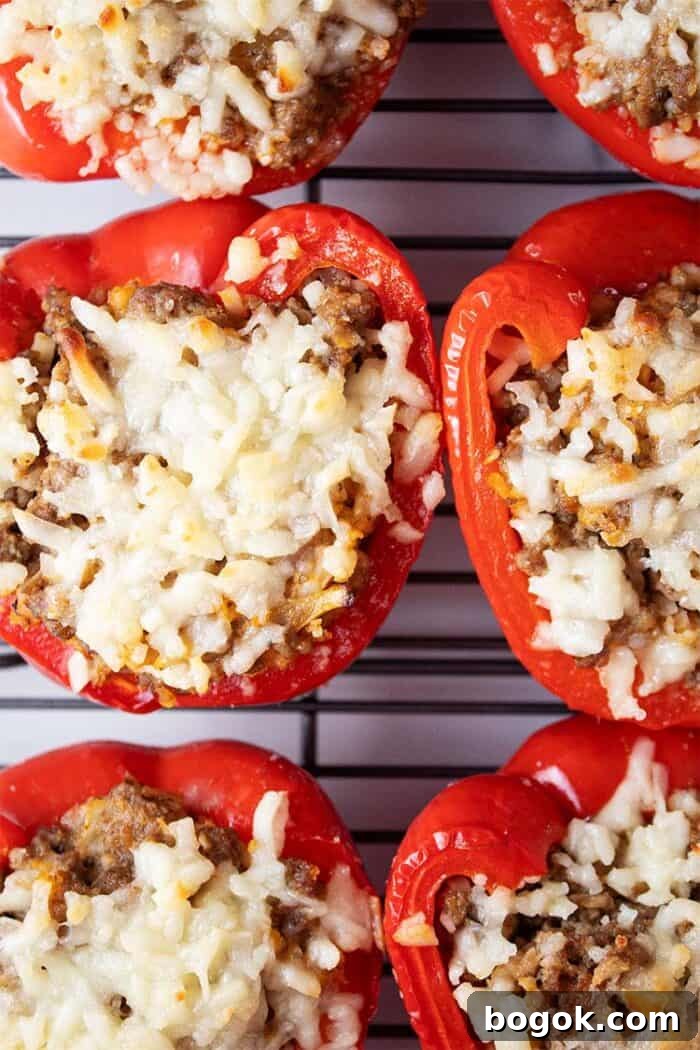 Philly Cheesesteak Keto Lettuce Wraps — Low-Carb Dinner Option 14 overhead view of six ready to serve keto stuffed peppers on a wire cooling rack