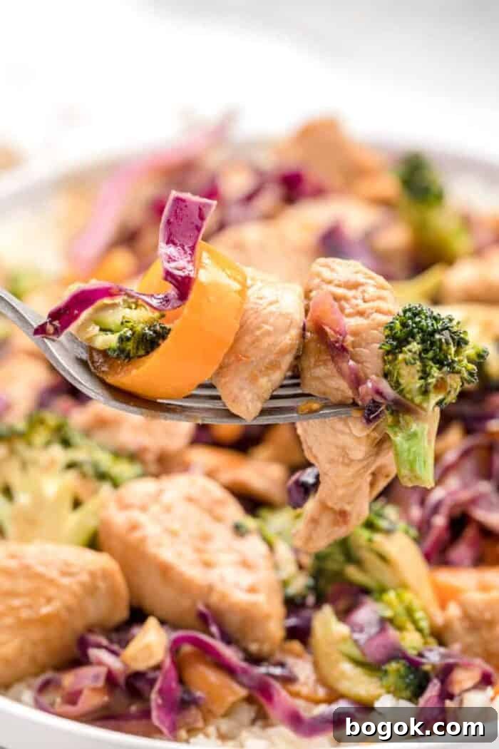 Philly Cheesesteak Keto Lettuce Wraps — Low-Carb Dinner Option 16 closeup view of keto stir fry with piece of chicken and vegetables on a fork