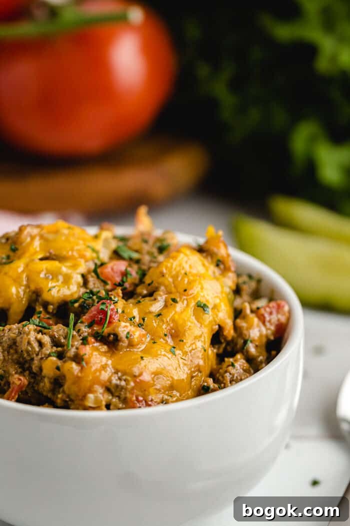 Philly Cheesesteak Keto Lettuce Wraps — Low-Carb Dinner Option 8 keto cheeseburger casserole in serving bowl