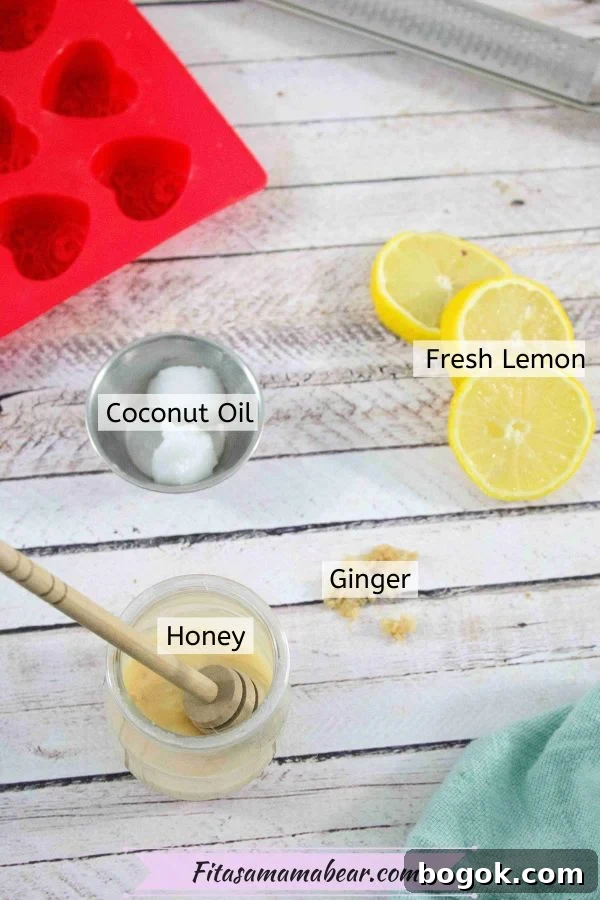 Coconut oil, honey, ginger and fresh lemon with a red silicone mold beside them and the ingredients have text labels above them.