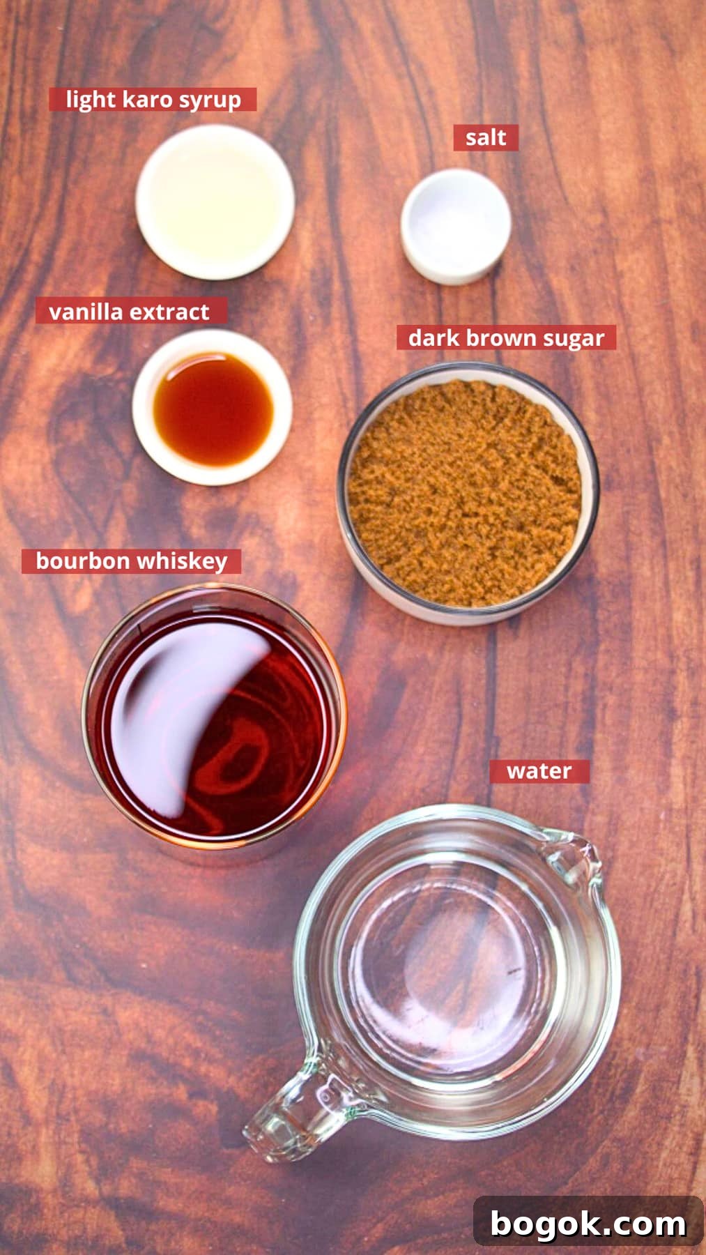 Ingredients: vanilla extract, brown sugar, karo syrup, bourbon, salt, and water.