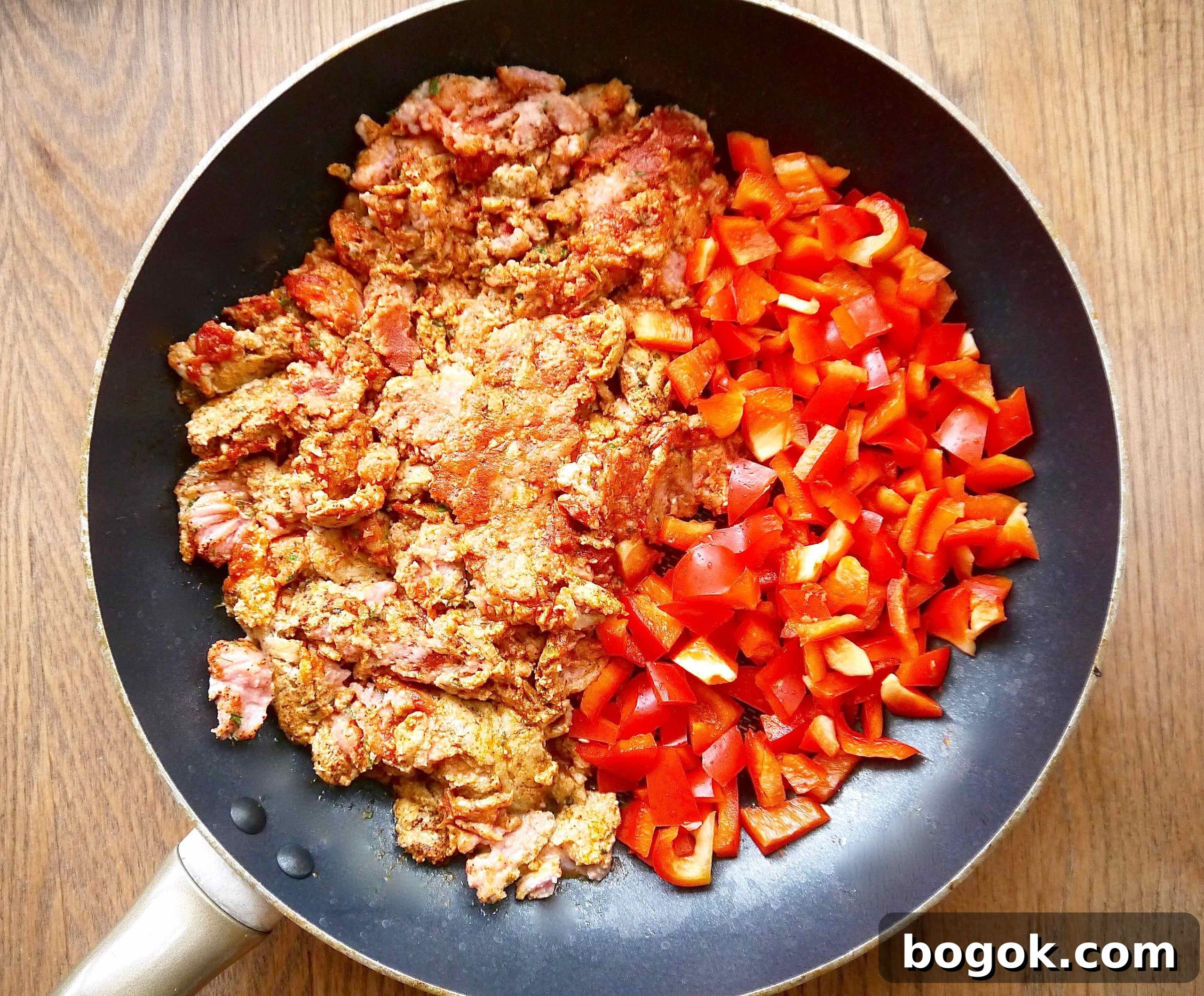 Ground Turkey Tacos with Zucchini Noodles (Zoodles) 4 Turkey and peppers in the pan before cooking.