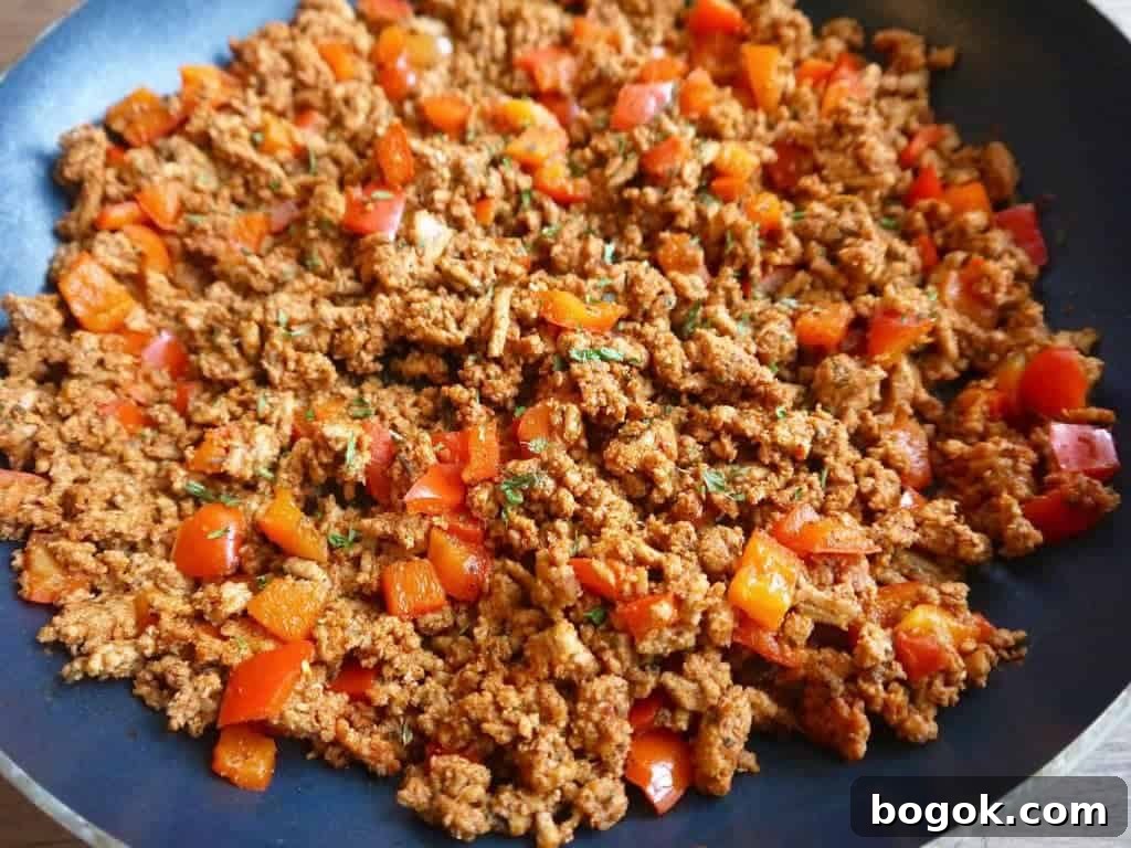 Ground Turkey Tacos with Zucchini Noodles (Zoodles) 5 Magic taco meat cooked in pan.