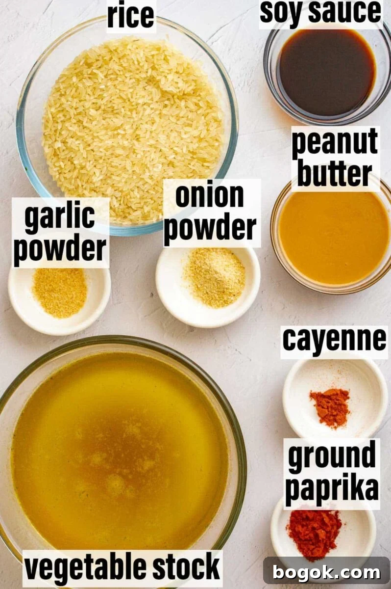 Labelled ingredients including rice, peanut butter, vegetable stock, and onion powder.