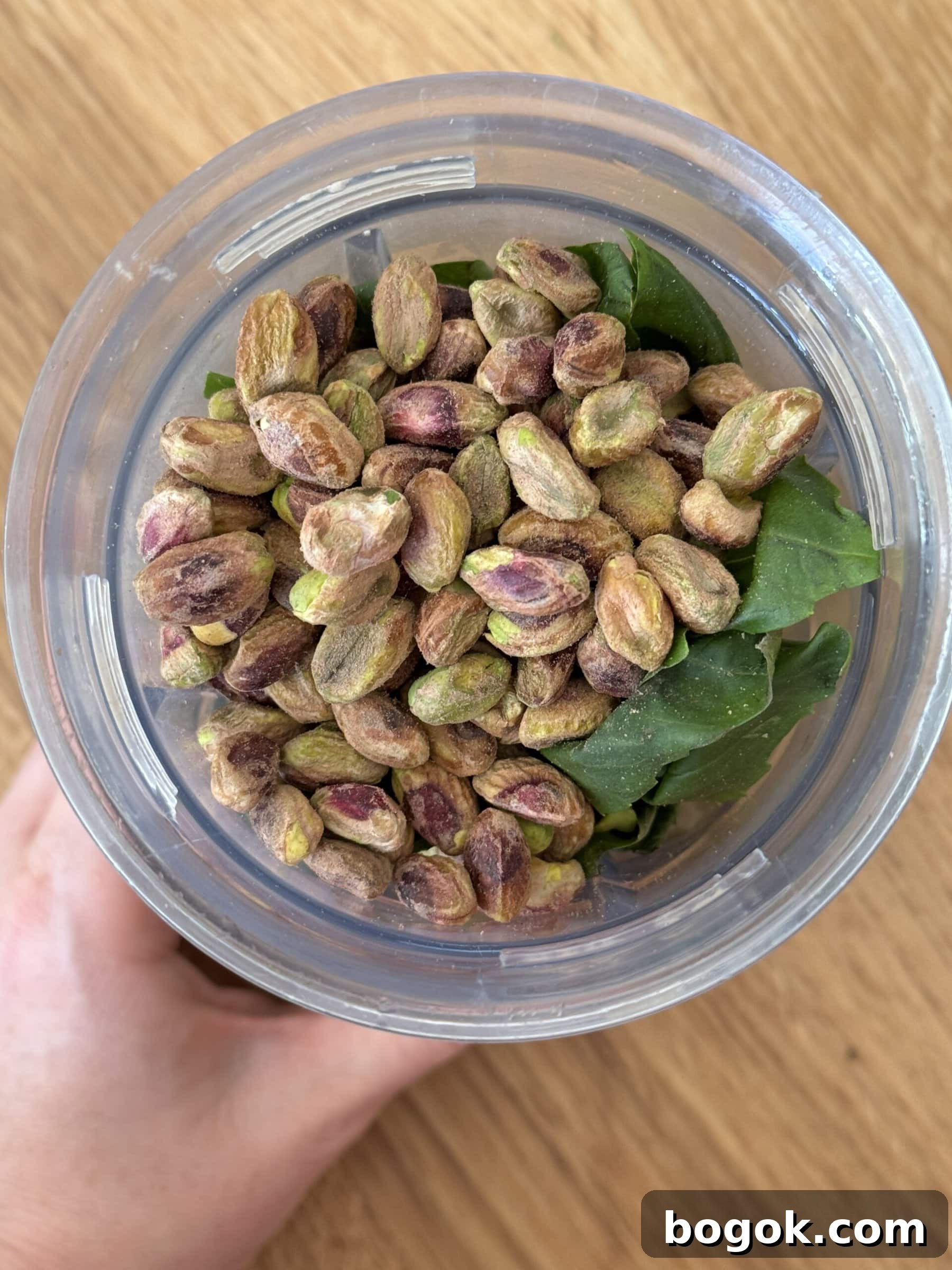 ingredients for pistachio pesto in blender