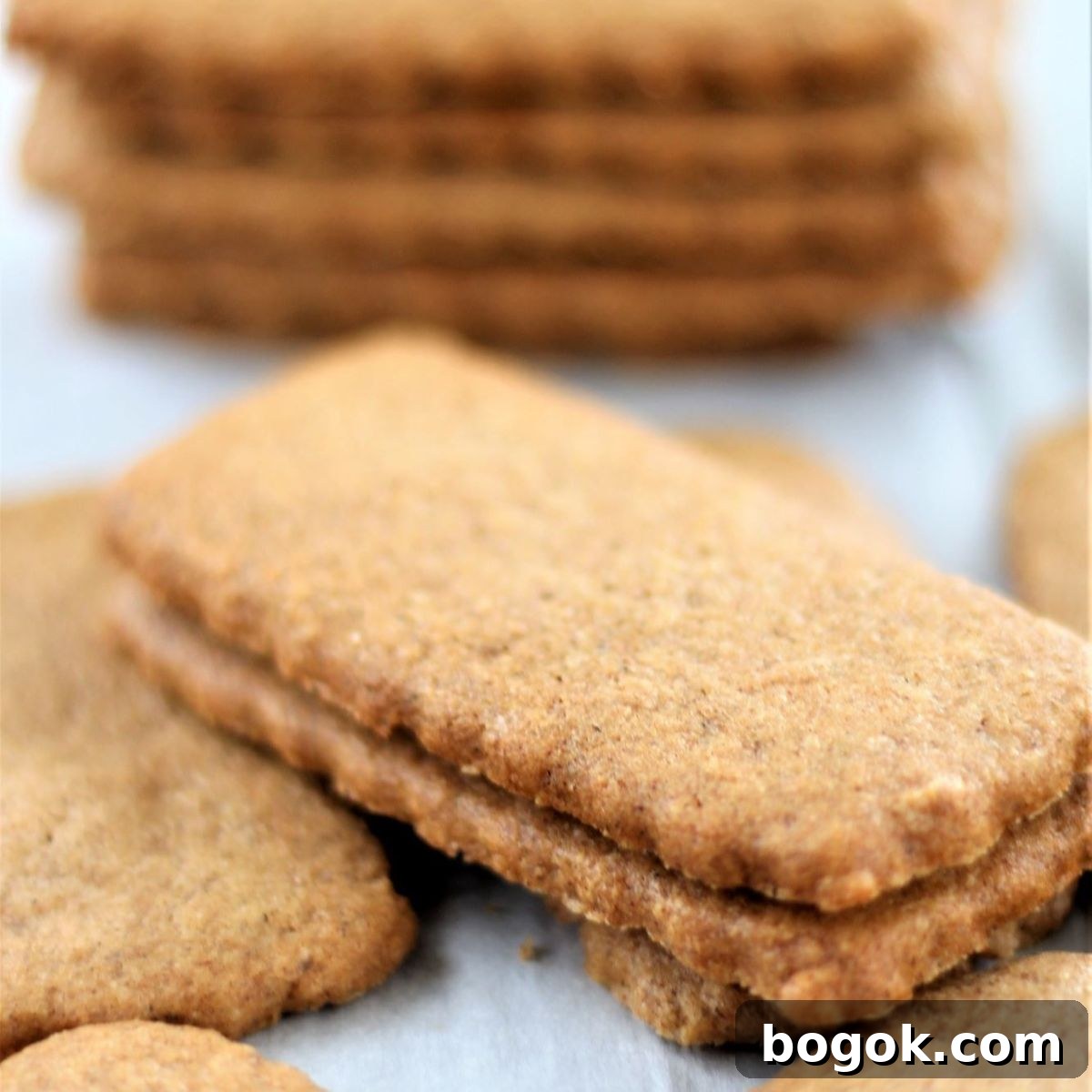 biscoff cookies stacked on parchment paper.