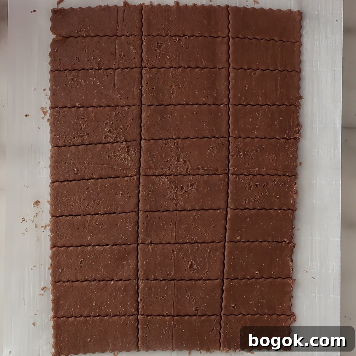 dark brown dough rolled out on parchment and cut into smaller fluted rectangles.