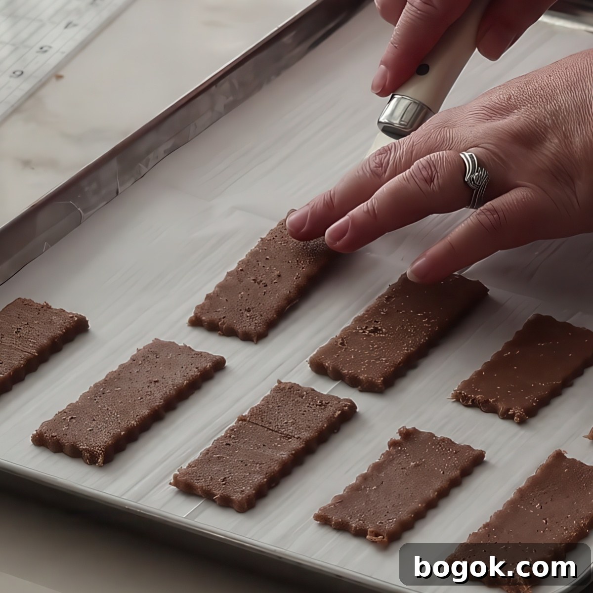 placing dark brown rectangular cookies on parchment-lined baking sheet.