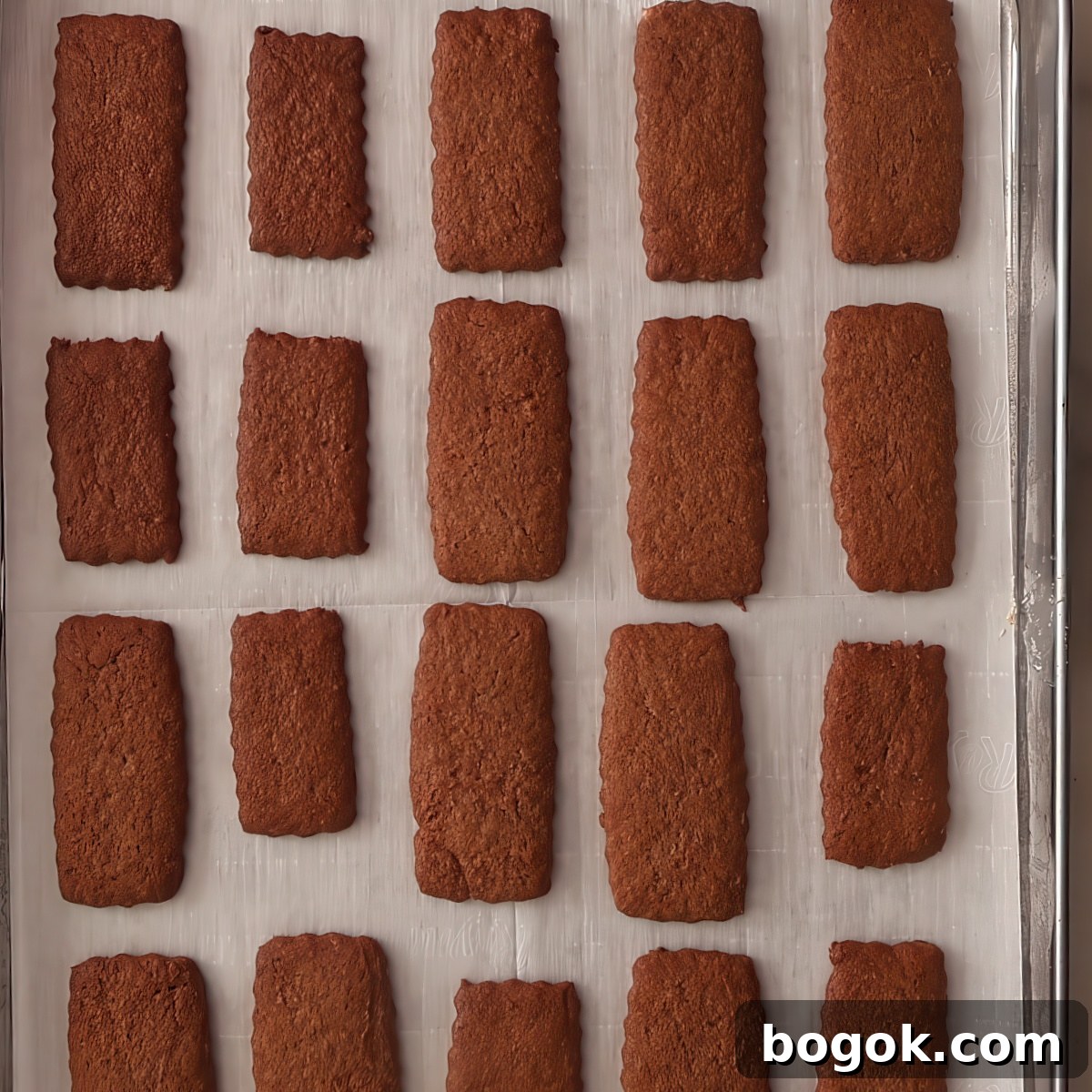baked rectangular cookies on parchment-lined baking sheet.