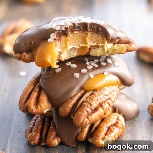 pecan caramel candies in a stack close up with top candy missing a bite