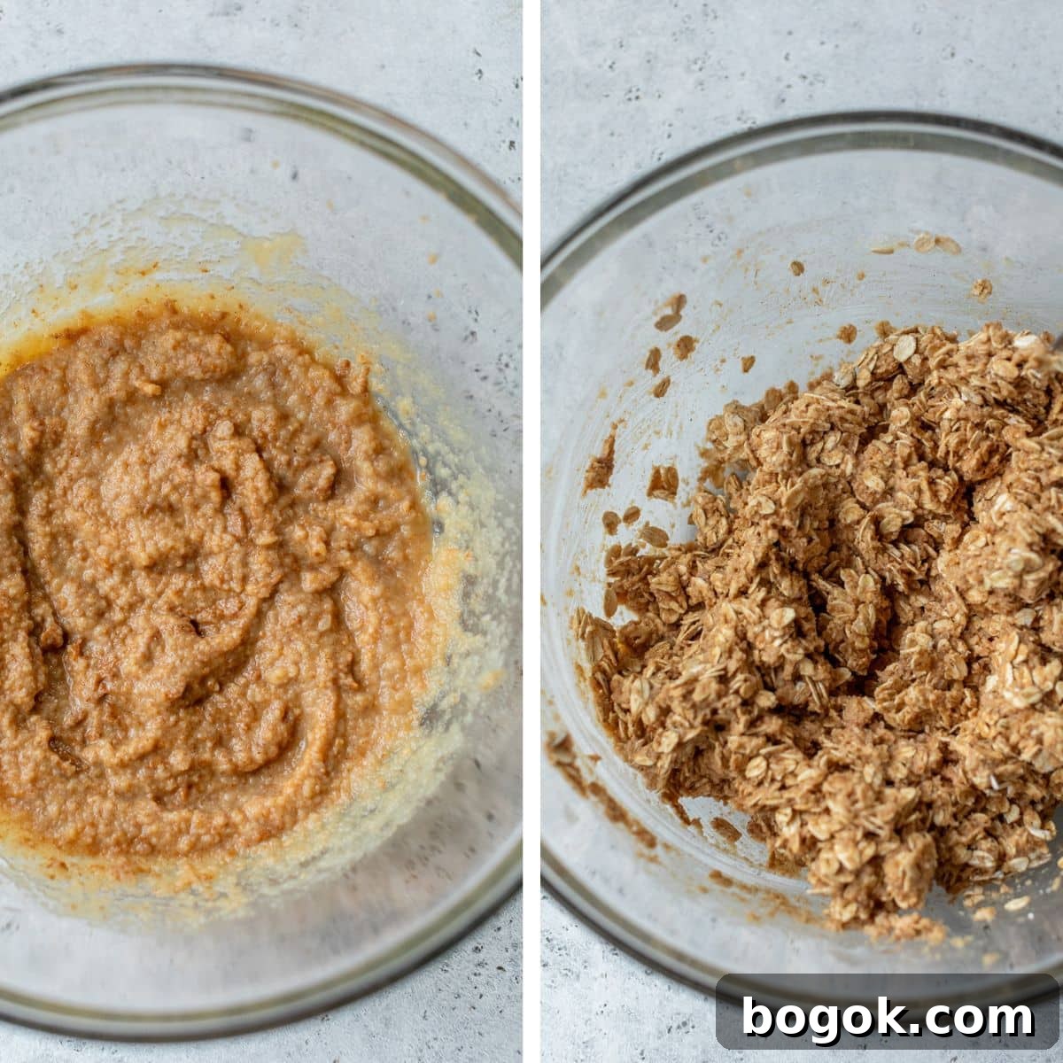 Soft and Chewy Applesauce Cookie Recipe 3 2 images: the left image shows wet ingredients mixed together in a glass bowl and the right image shows oats added into the batter in the bowl