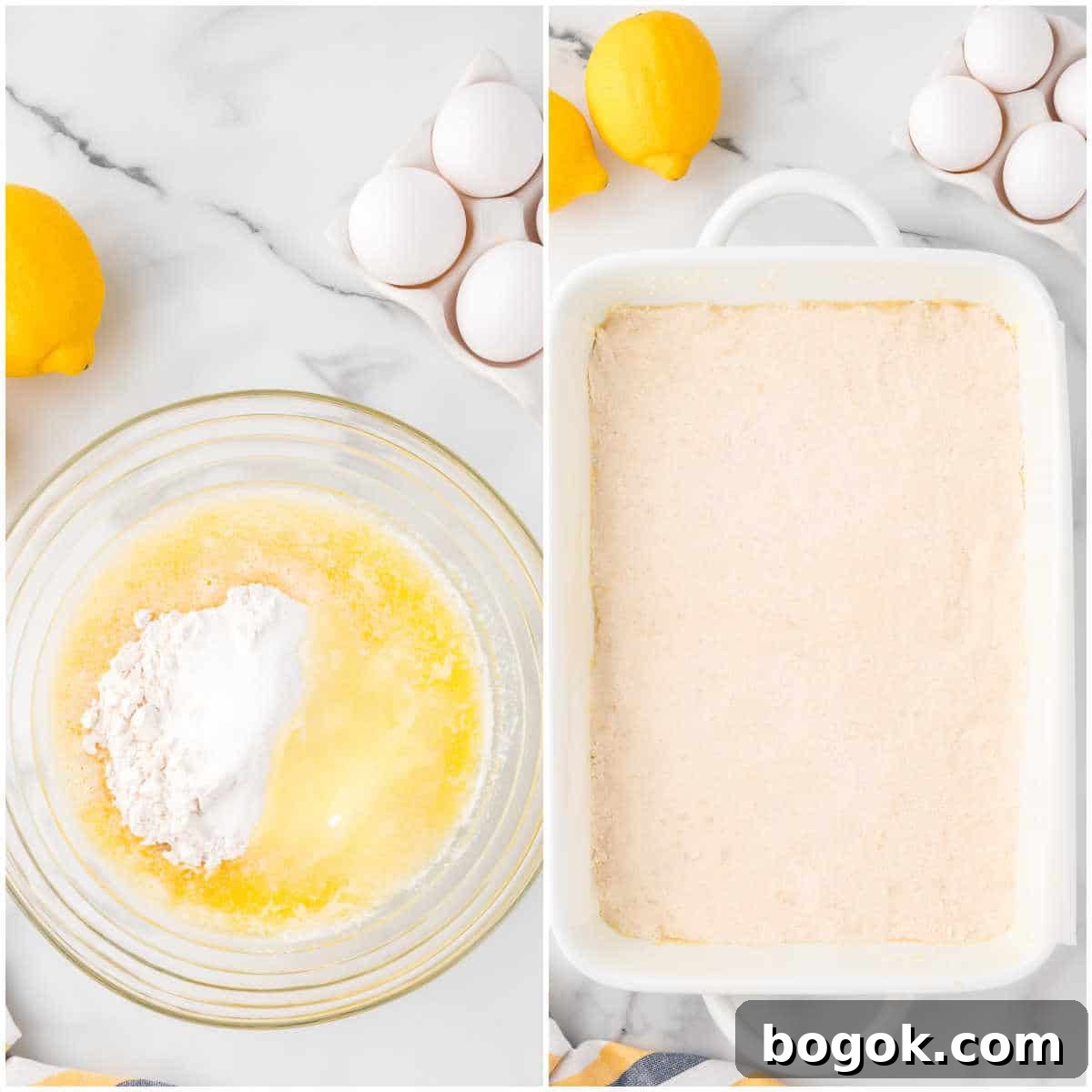 Classic Lemon Bars with Buttery Shortbread Crust 4 Collage of mixing ingredients in a bowl and adding to a pan.
