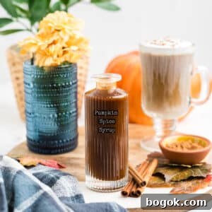 An image of pumpkin spice syrup in a glass bottle with a label that reads pumpkin spice syrup.