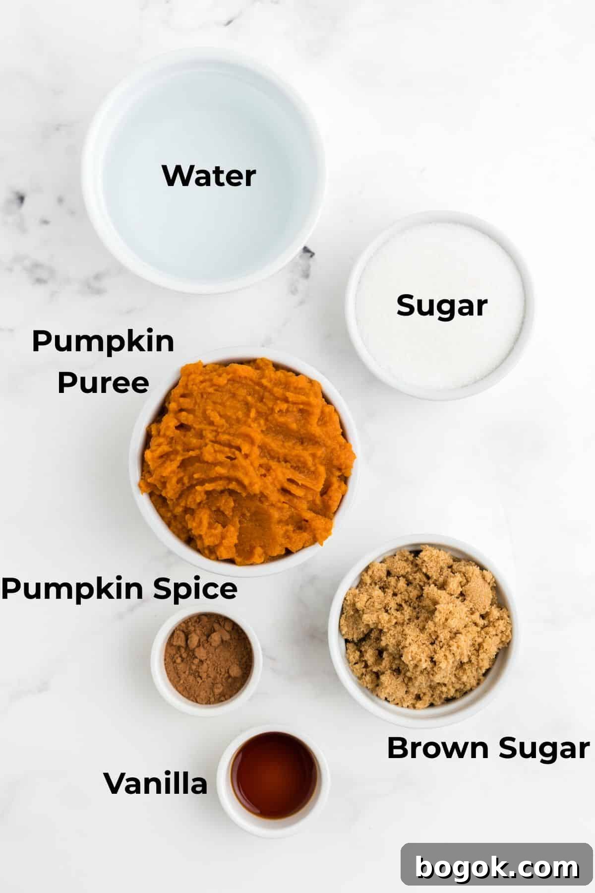 An overhead ingredient image to make a homemade fall pumpkin syrup at home.