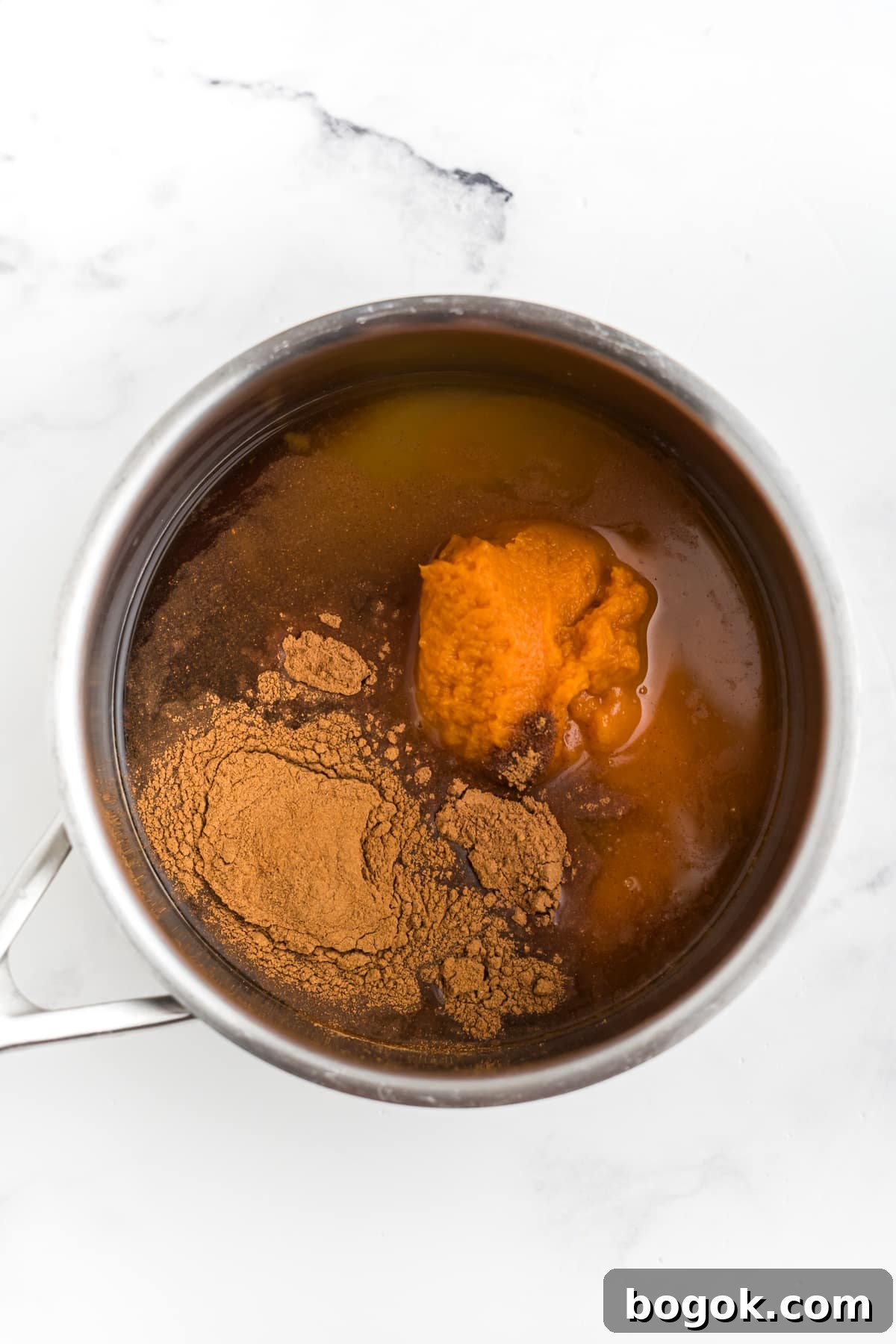 An overhead image of ingredients for homemade syrup in a saucepan.