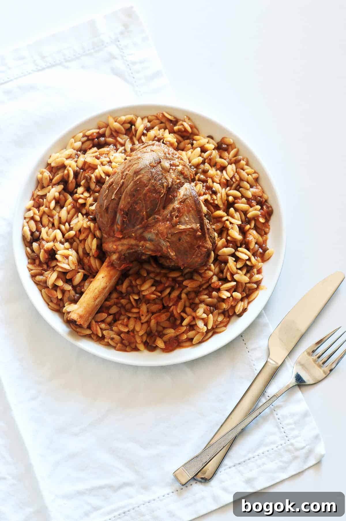 Traditional Greek Lamb Giouvetsi with Orzo 3 a birds eye view of a a braised lamb shank served with orzo pasta on a white plate