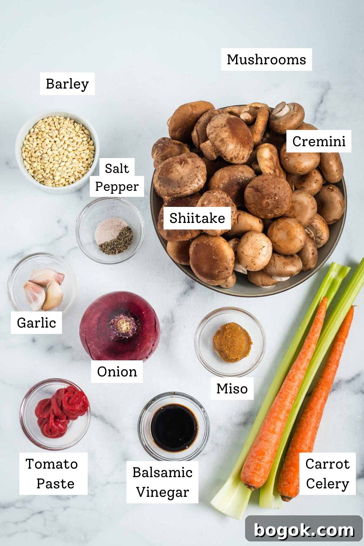 Hearty Vegan Miso Mushroom and Barley Soup Recipe 3 Labeled ingredients for soup: two kinds of mushrooms, barley, carrot, celery, onion, tomato paste, balsamic vinegar, miso, garli, salt and pepper.