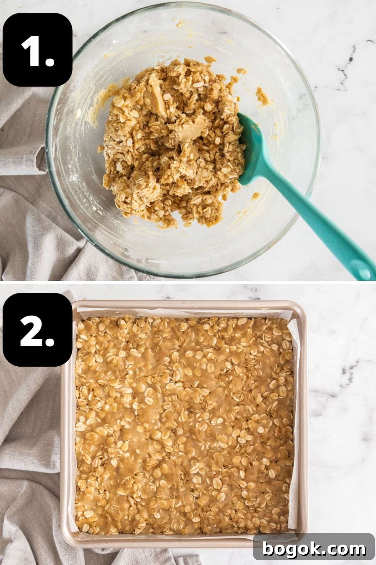 Fruit Mince Oatmeal Bars Recipe — Chewy Fruit & Oat Squares 5 Steps 1-2 of preparing this recipe: making the oatmeal base and topping in a glass bowl and the base in the baking tin.