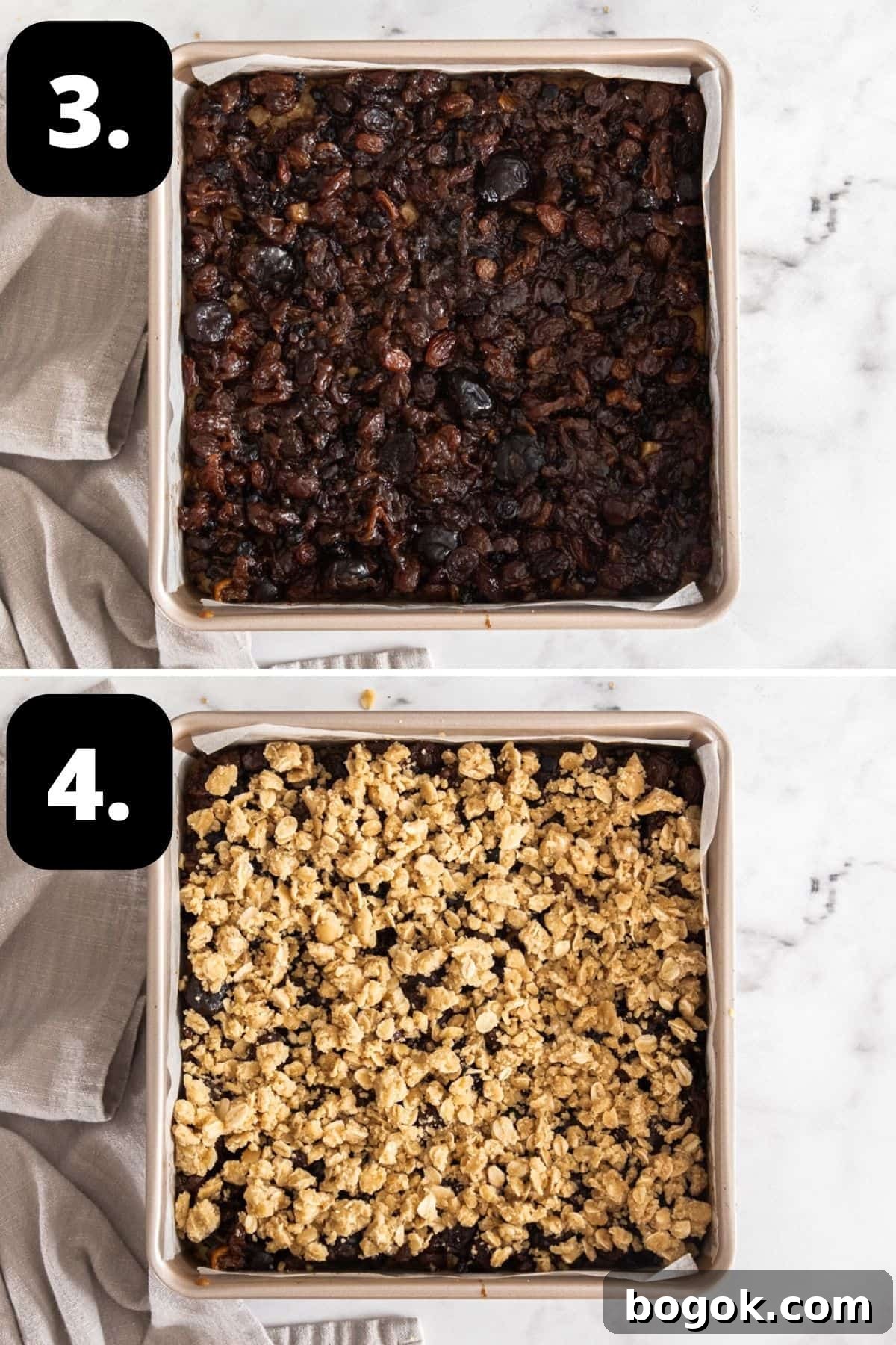 Fruit Mince Oatmeal Bars Recipe — Chewy Fruit & Oat Squares 6 Steps 3-4 of preparing this recipe: fruit mince topping the base and the rest of the oatmeal mixture crumbled over the top.
