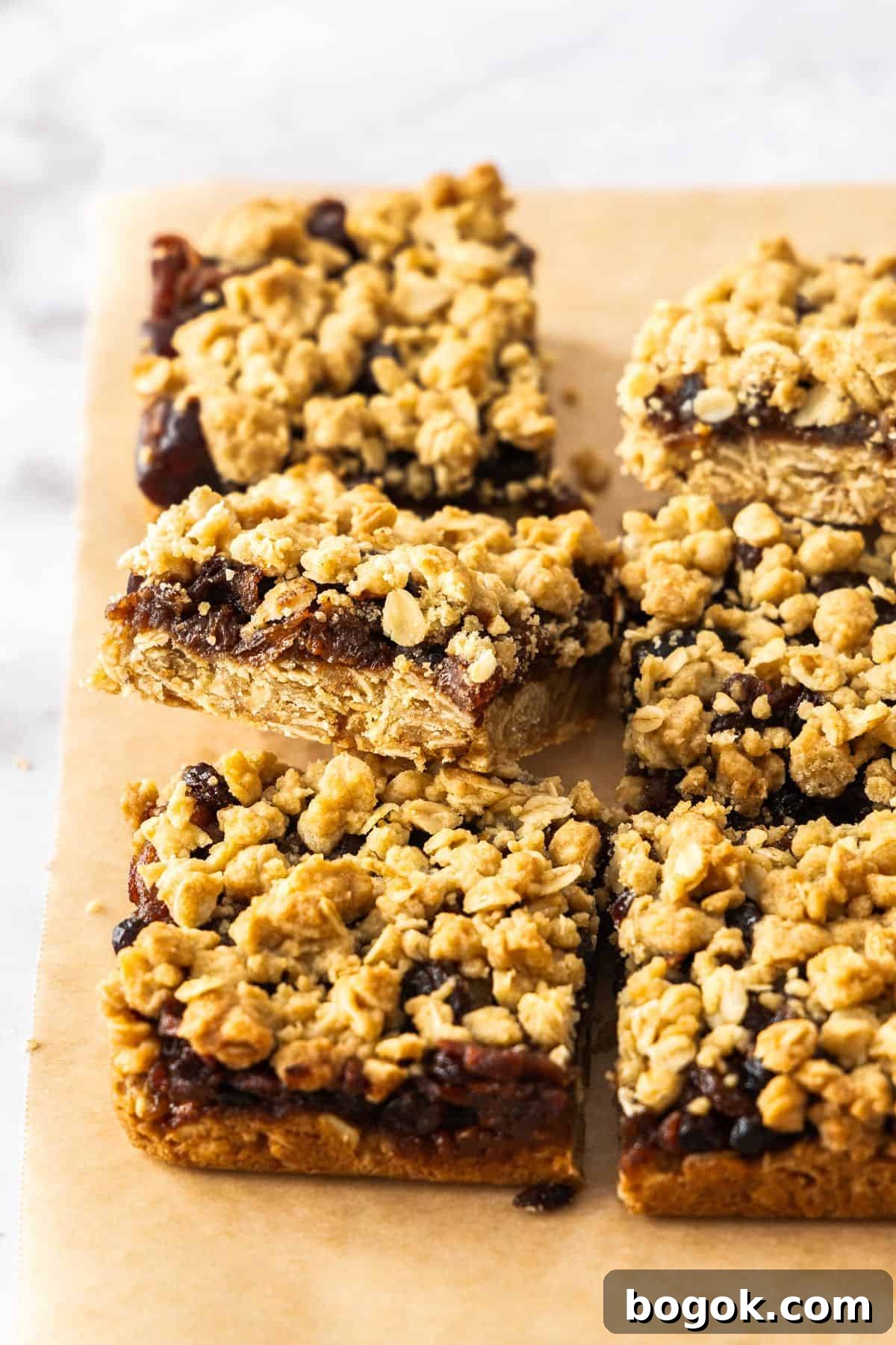 Fruit Mince Oatmeal Bars Recipe — Chewy Fruit & Oat Squares 7 Six cut pieces of Fruit Mince Oatmeal Bars, one of them positioned on an angle to show filling, sitting on some brown paper.