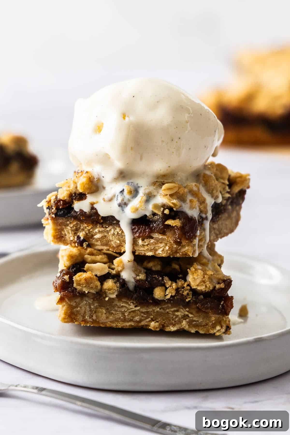 Fruit Mince Oatmeal Bars Recipe — Chewy Fruit & Oat Squares 8 Two pieces of Fruit Mince Oatmeal Bars sitting on a round grey plate, with a scoop of vanilla ice cream on top.