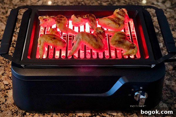 reviewing wings grilling on the Tenergy redigrill indoor grill