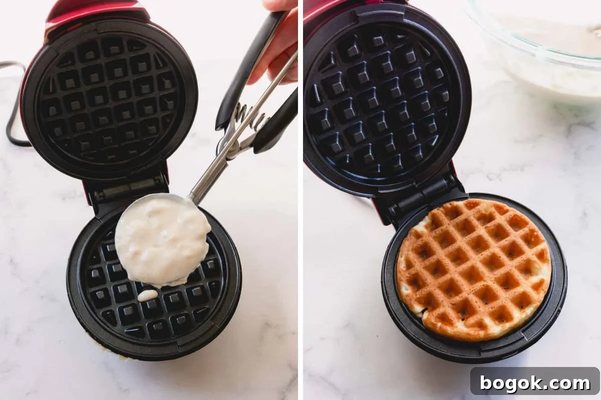 Side by side usages of a scoop of waffle batter and a waffle in waffle iron.