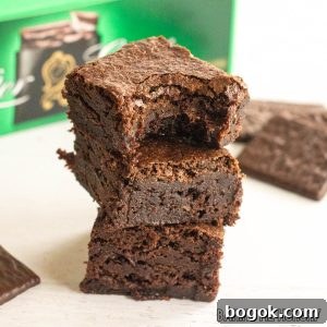 After Eight Mint Brownies Recipe — Classic Chocolate Mint Treat 19 after eight brownies in a stack in front of box