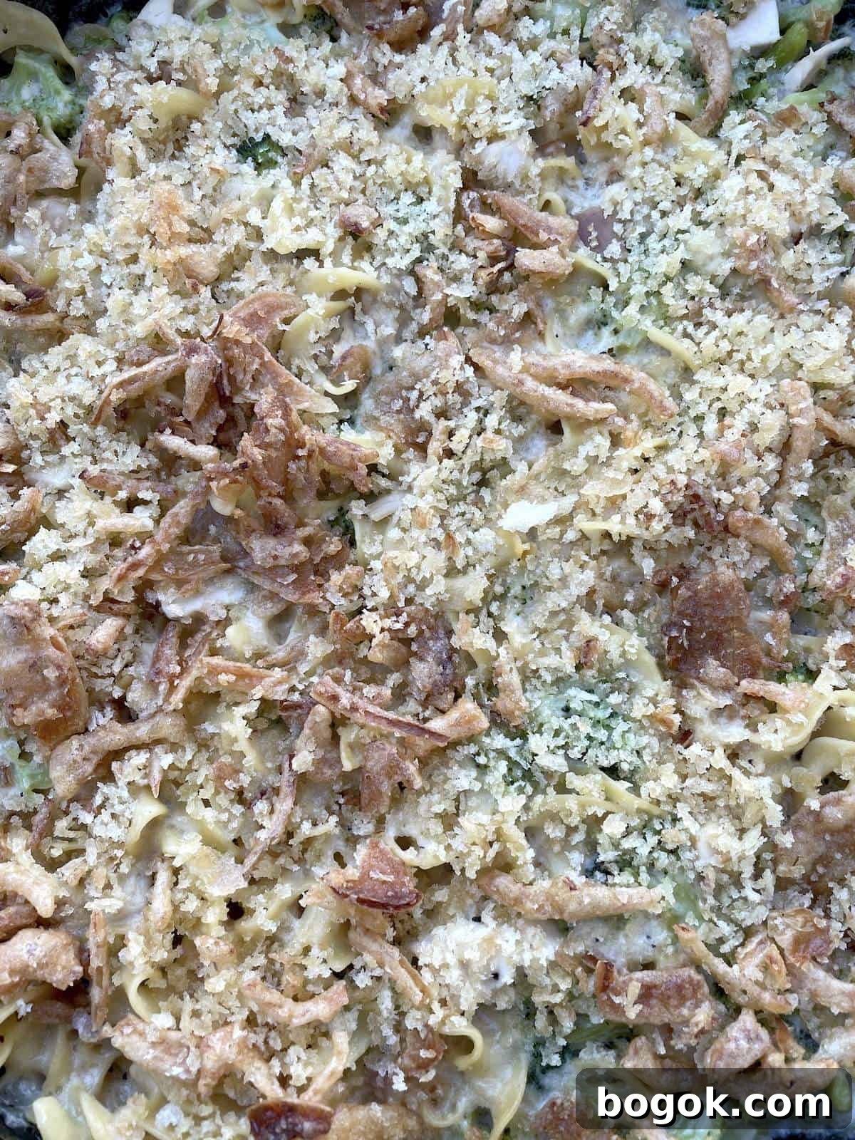 Baked Cheesy Chicken and Broccoli Noodle Casserole 6 A close up of cheesy chicken and broccoli noodle casserole - lots of crunchy fried onions.