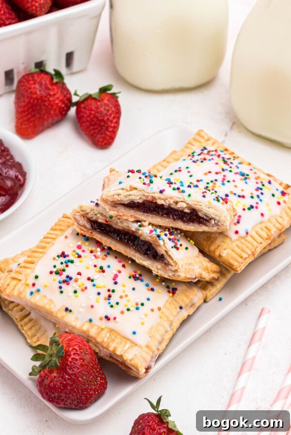 Banana Bread Muffins with Cinnamon Streusel 14 Golden crusted pie crusts, cut into rectangles, filled with strawberry jam, and topped with white icing and sprinkles, on a white rectangle plate.