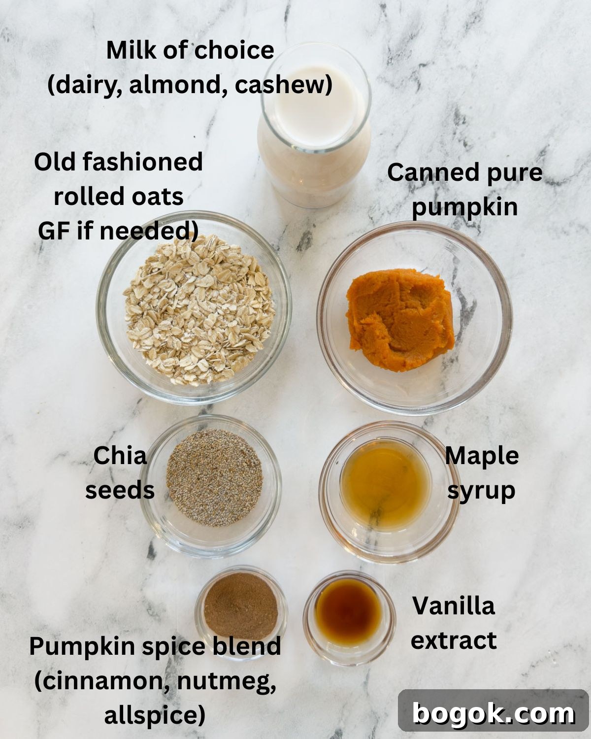 Pumpkin Overnight Oats Ready in 5 Minutes 3 Ingredients for pumpkin overnight oats on a marble counter.
