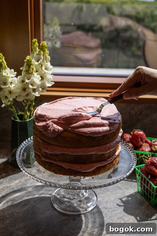 Strawberry Shortcake Cake Inspired by Ice Cream Bars 5 Strawberry Shortcake Cake being iced