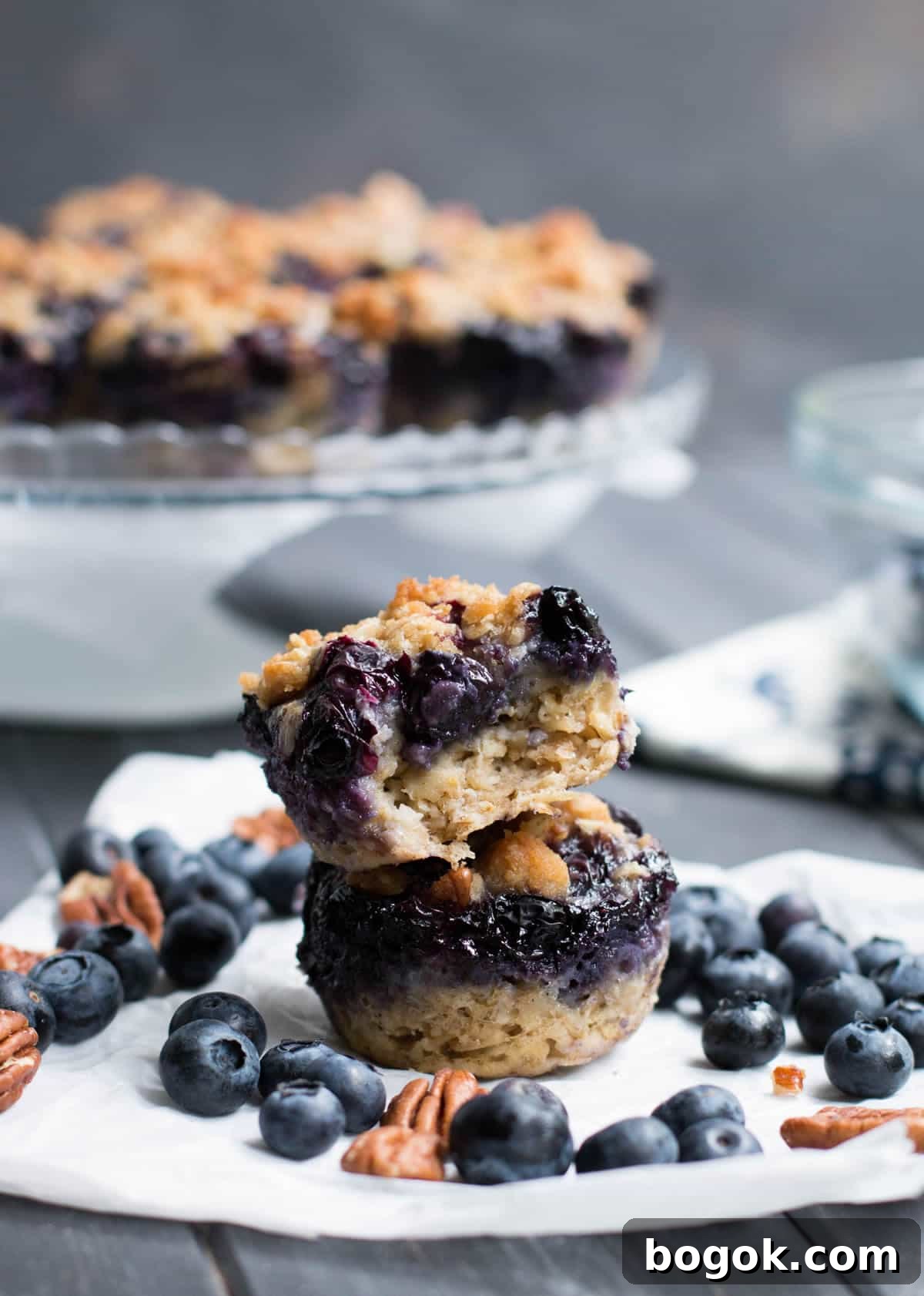 Baked Blueberry Oatmeal Pie: Comforting Breakfast Casserole 2 Blueberry Pie Baked Oatmeal. A pile of fresh blueberries and buttery crumb topping create a delicious fruity pie layer on top of hearty baked oatmeal.
