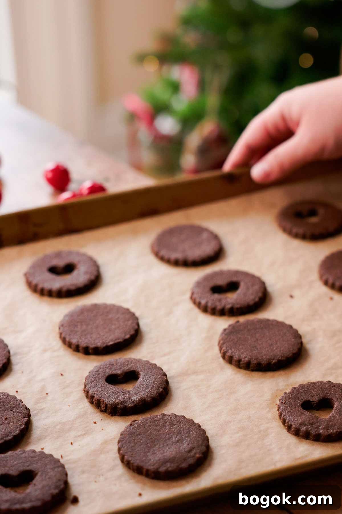 Chocolate Almond Cherry Linzer Cookies Recipe 12 baked chocolate almond linzer cookies on baking sheet