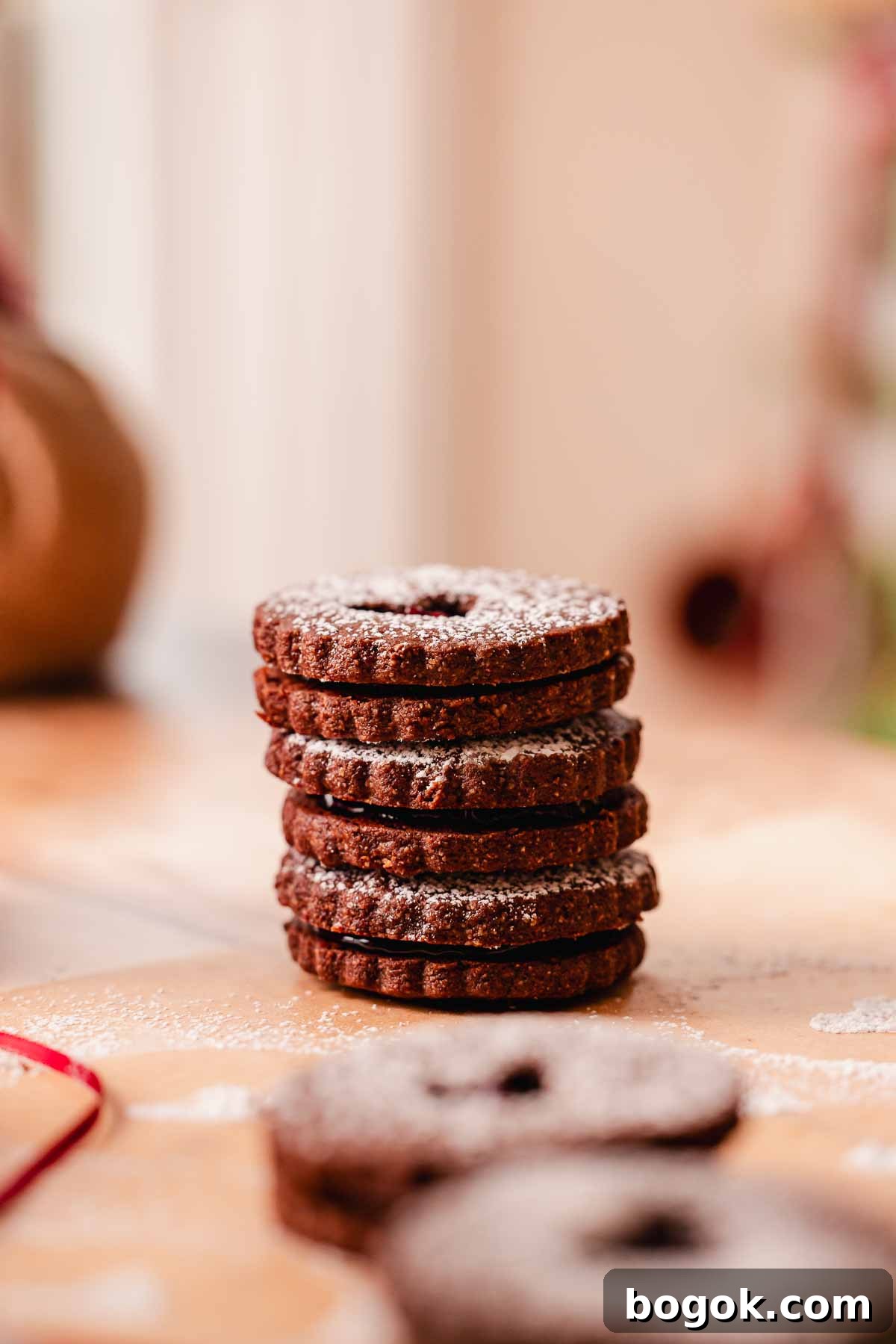 Chocolate Almond Cherry Linzer Cookies Recipe 16 stack of chocolate cherry almond linzer cookies