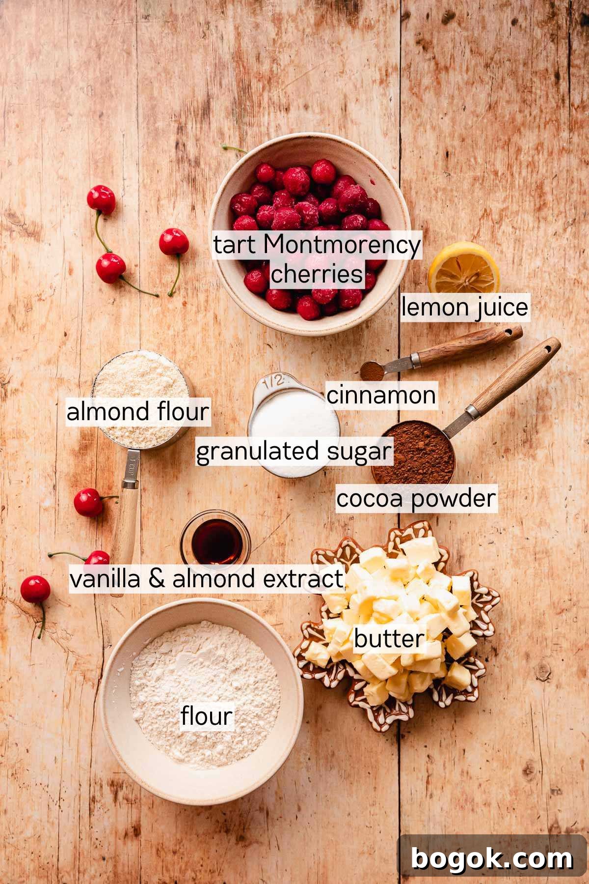 Chocolate Almond Cherry Linzer Cookies Recipe 4 ingredients for chocolate cherry almond linzer cookies in bowls