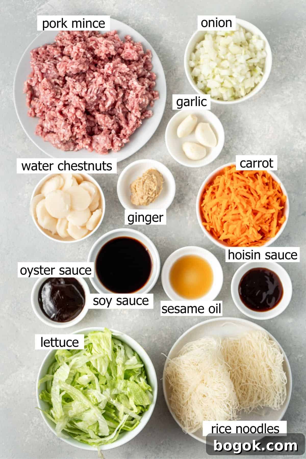 San Choy Bow Lettuce Wrap Bowls - Chinese Pork Recipe 3 All ingredients needed to make san choy bow bowls laid out in small bowls.