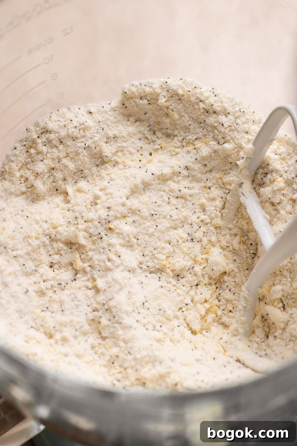 A mixing bowl with the butter mixed into the dry ingredients looking crumbly.