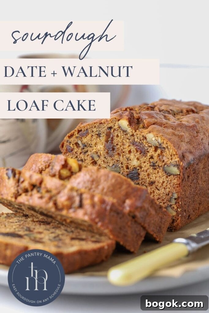 Sourdough date and walnut loaf cake Pinterest Pin image.
