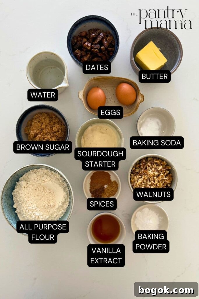 Labeled ingredients on the counter for sourdough date and walnut loaf cake.