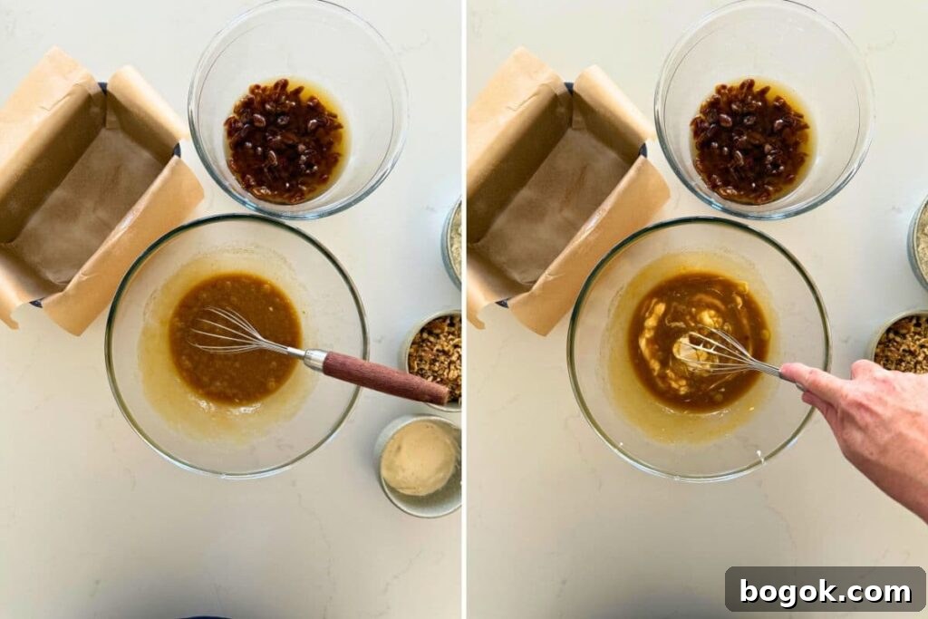 Two photos to show mixing the wet ingredients for sourdough date and walnut loaf cake.