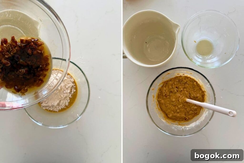 Two photos to show adding the dry ingredients and soaked dates to wet ingredients to make the batter for sourdough date and walnut loaf cake.