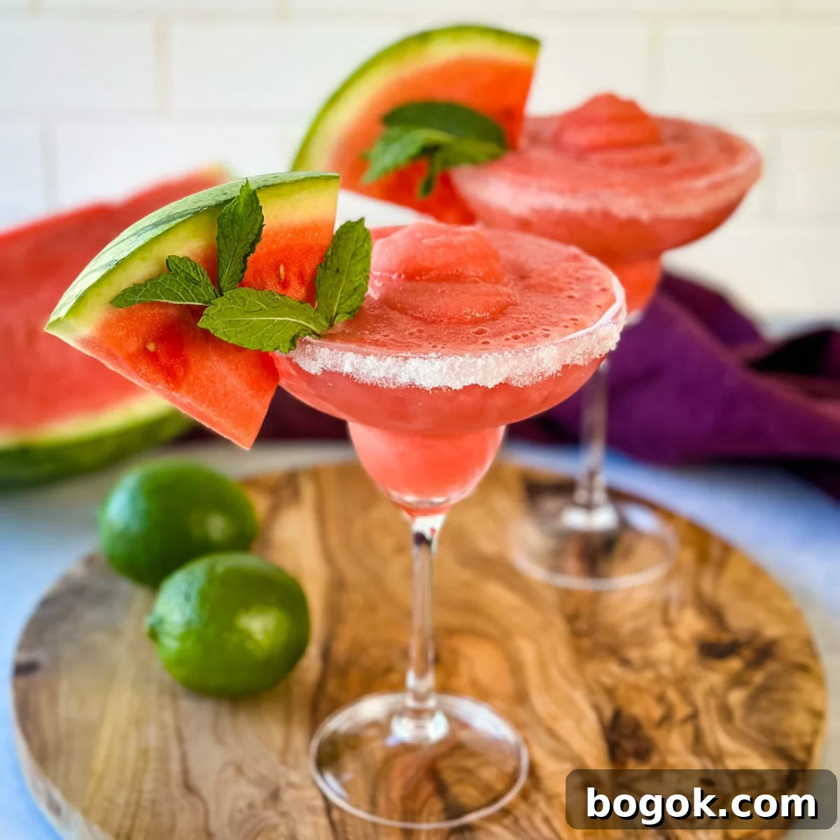 Frozen Watermelon Margarita Recipe for Summer 2 frozen margaritas in a sugar rimmed lined glass with fresh watermelon and limes