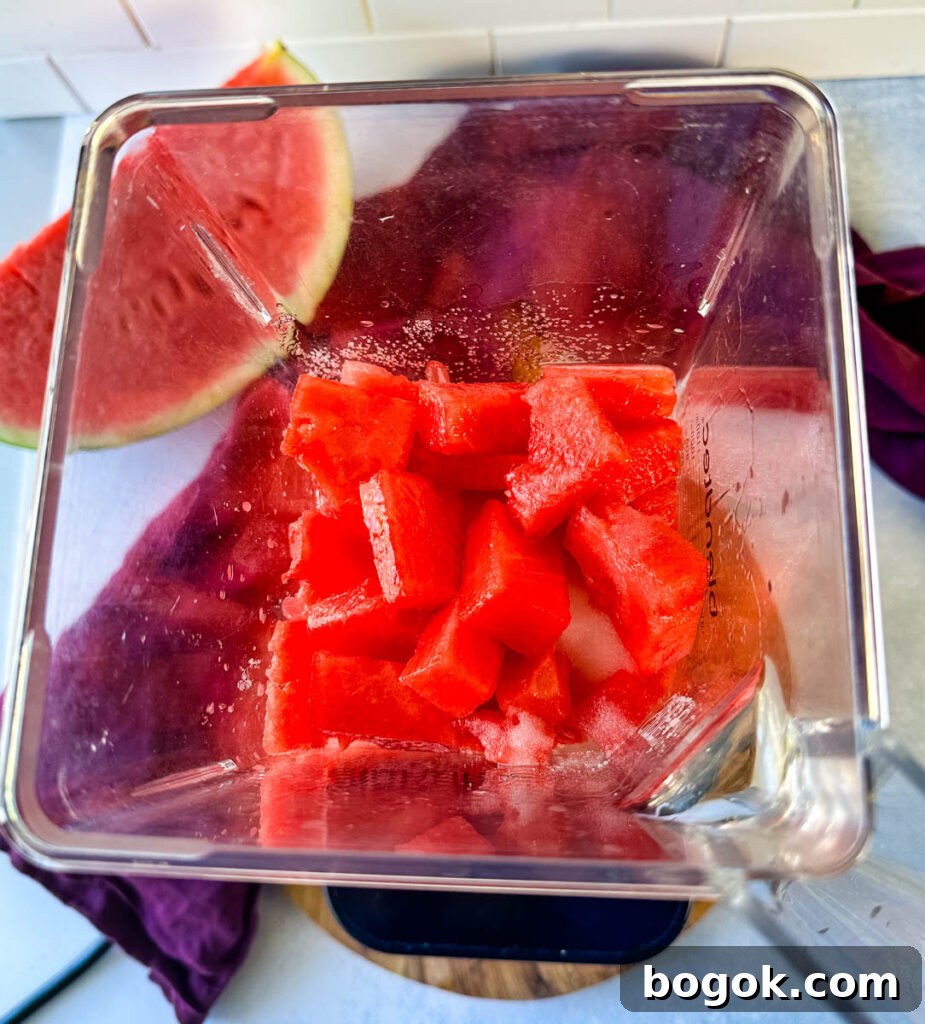 Frozen Watermelon Margarita Recipe for Summer 5 fresh watermelon chunks in a blender