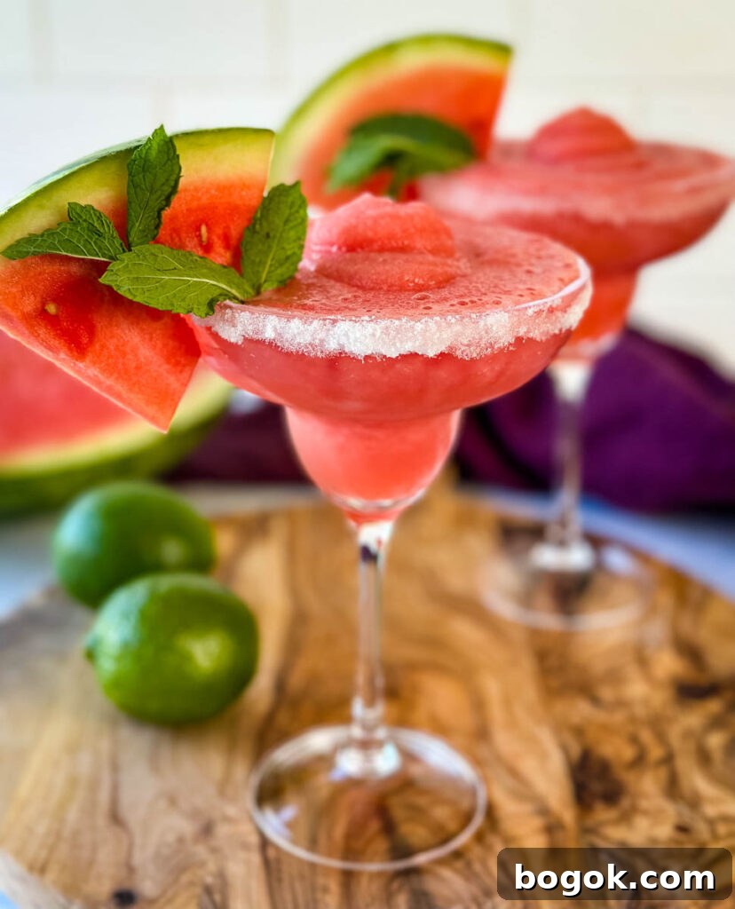 Frozen Watermelon Margarita Recipe for Summer 7 frozen margaritas in a sugar rimmed lined glass with fresh watermelon and limes