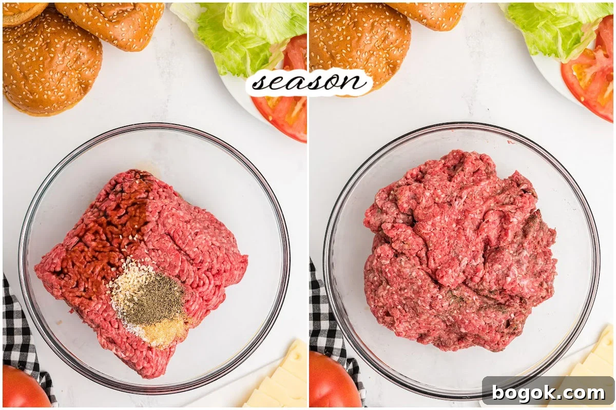 Juicy Cast Iron Skillet Burgers That Beat the Grill 4 mixing bowl of ground beef and seasonings.