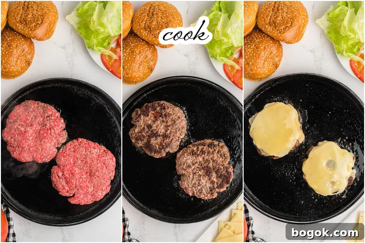 Juicy Cast Iron Skillet Burgers That Beat the Grill 6 cast iron skillet showing cooking process.