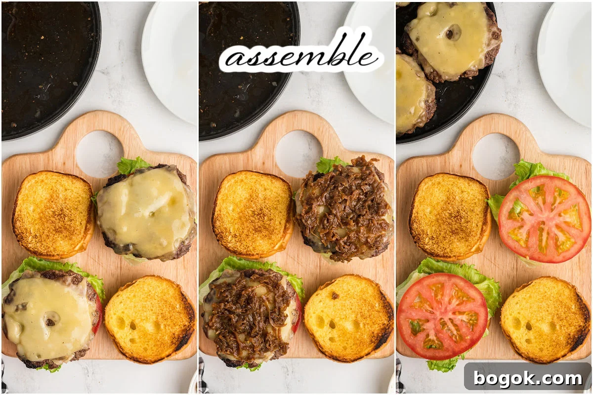Juicy Cast Iron Skillet Burgers That Beat the Grill 7 cutting board showing assembly of burgers.