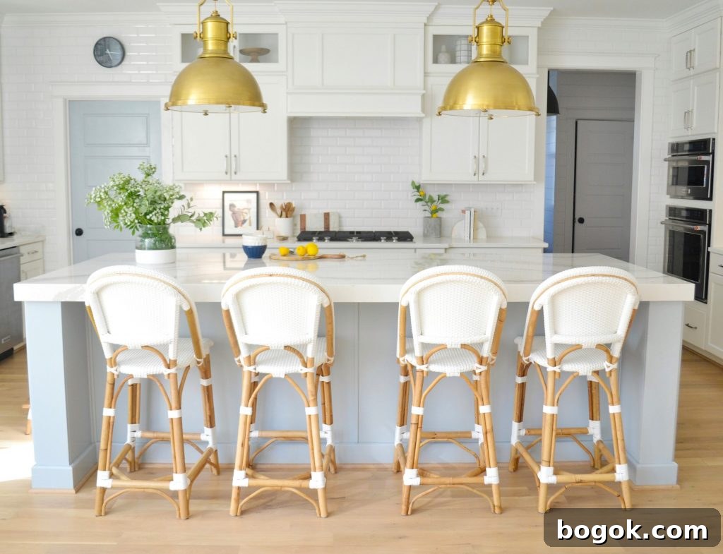 White Kitchen with Blue Island: Design Details 3 blue and white kitchen with 4 barstools at island