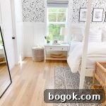 White Kitchen with Blue Island: Design Details 18 a black and white bedroom with black and white wallpaper
